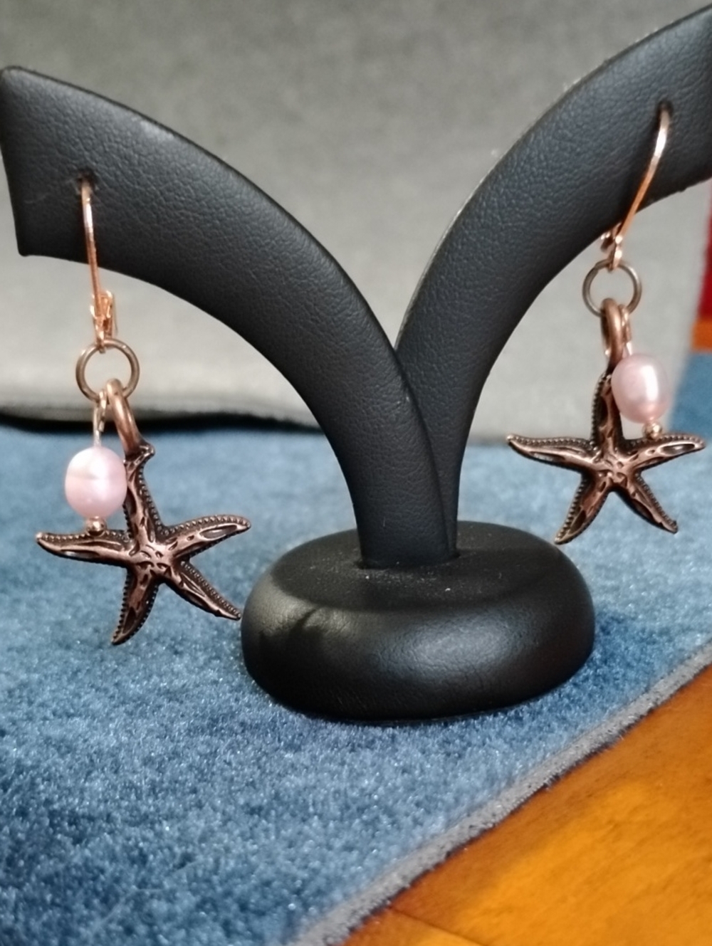 Copper Faceted Starfish Drop Earrings with Pink Pearl Accent Hand Crafted